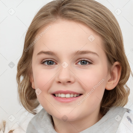 Joyful white child female with medium  brown hair and blue eyes