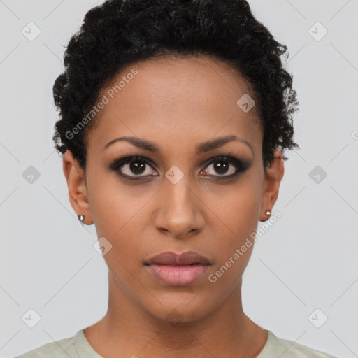 Neutral latino young-adult female with short  black hair and brown eyes