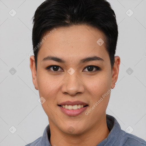 Joyful asian young-adult female with short  brown hair and brown eyes