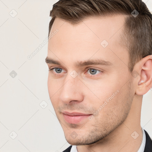 Neutral white young-adult male with short  brown hair and grey eyes