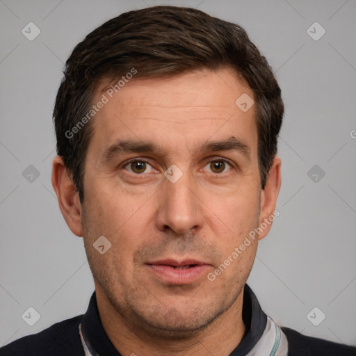 Neutral white adult male with short  brown hair and brown eyes