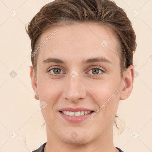 Joyful white young-adult female with short  brown hair and grey eyes