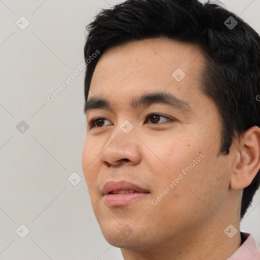 Neutral asian young-adult male with short  black hair and brown eyes