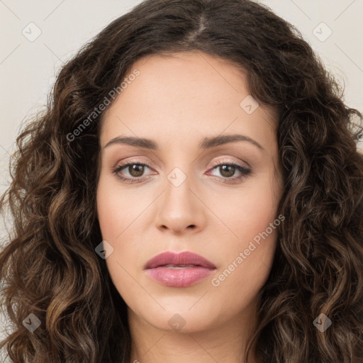 Neutral white young-adult female with long  brown hair and brown eyes