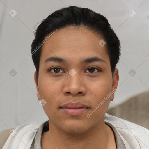 Neutral asian young-adult male with short  black hair and brown eyes