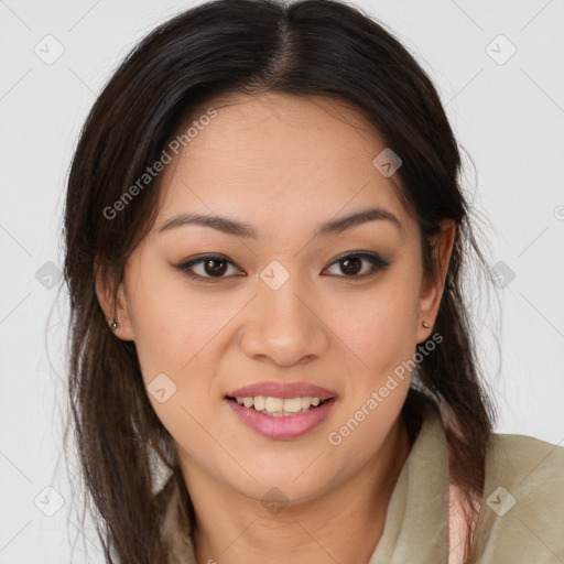 Joyful latino young-adult female with medium  brown hair and brown eyes