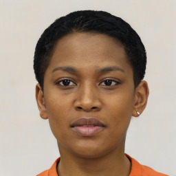 Neutral black young-adult female with short  black hair and brown eyes