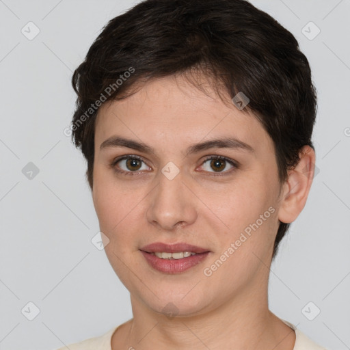 Joyful white young-adult female with short  brown hair and brown eyes