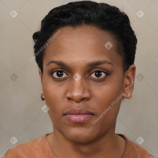 Neutral black young-adult female with short  black hair and brown eyes