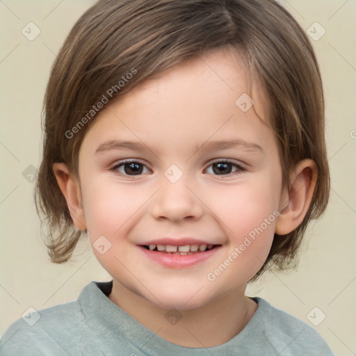 Joyful white child female with medium  brown hair and brown eyes