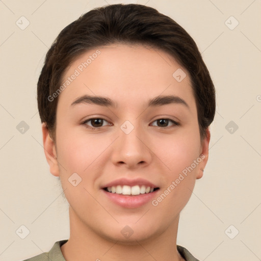 Joyful white young-adult female with short  brown hair and brown eyes