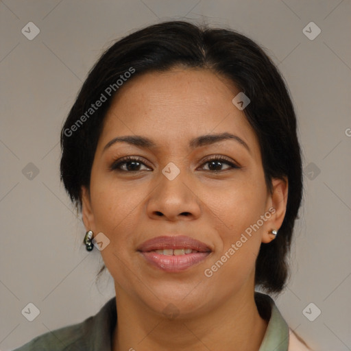 Joyful asian young-adult female with medium  brown hair and brown eyes