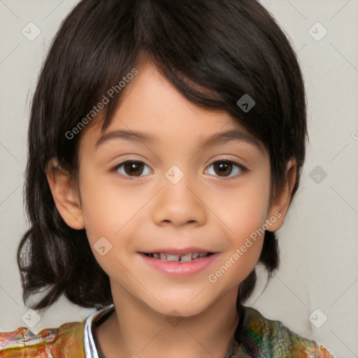 Joyful white child female with medium  brown hair and brown eyes