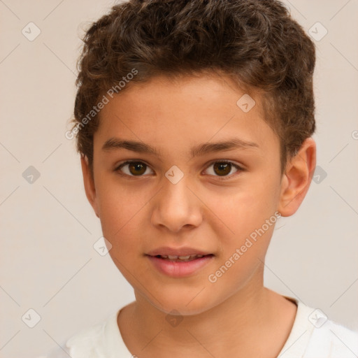 Joyful white child male with short  brown hair and brown eyes