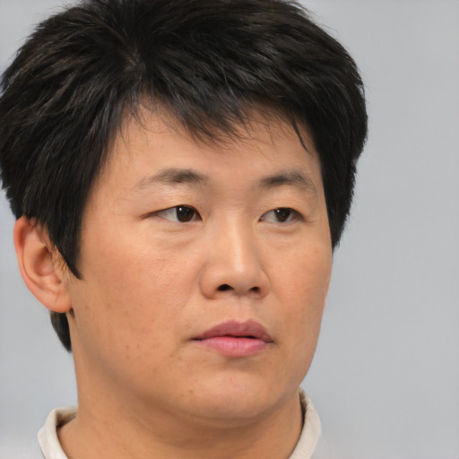 Neutral asian young-adult male with short  brown hair and brown eyes