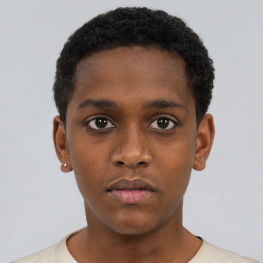 Neutral black young-adult male with short  brown hair and brown eyes