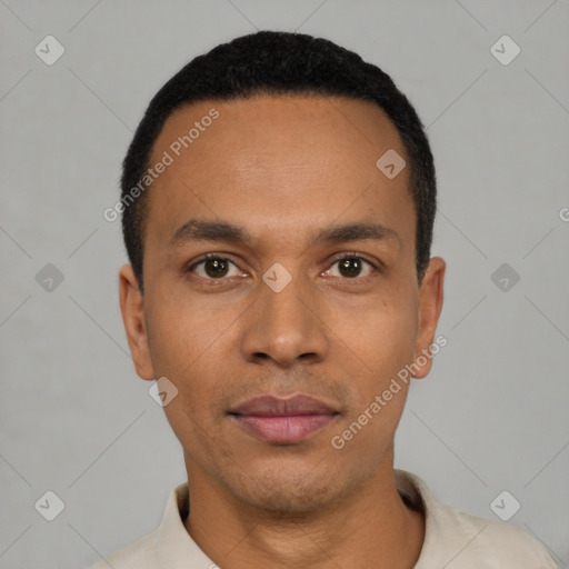 Neutral latino young-adult male with short  black hair and brown eyes