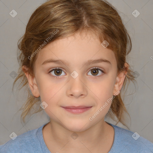 Joyful white child female with medium  brown hair and brown eyes