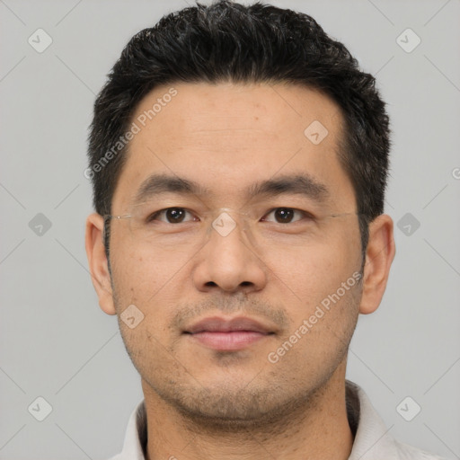 Neutral asian young-adult male with short  black hair and brown eyes