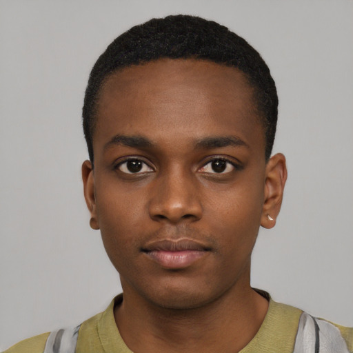 Neutral black young-adult male with short  black hair and brown eyes