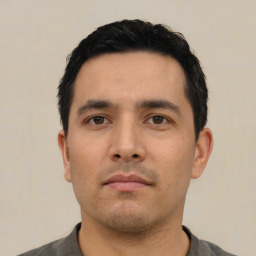 Neutral asian young-adult male with short  black hair and brown eyes