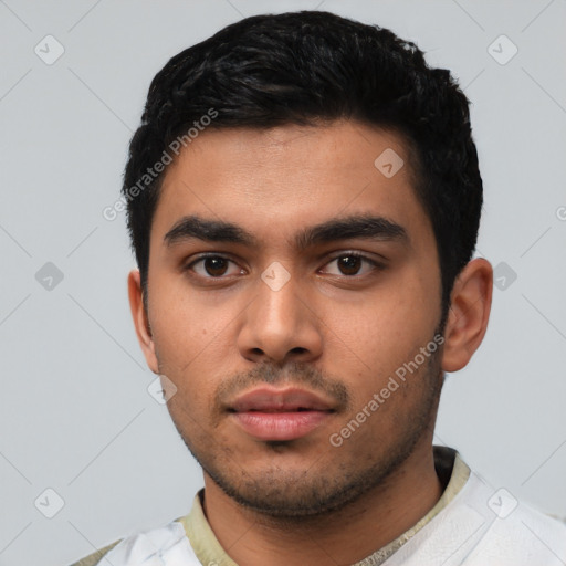 Neutral latino young-adult male with short  black hair and brown eyes