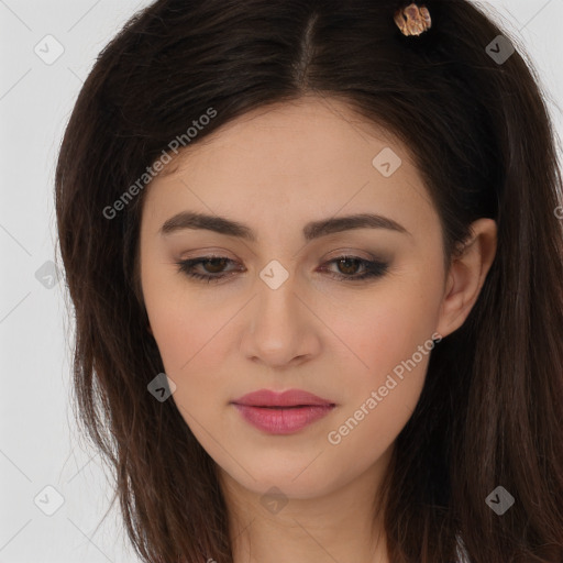 Joyful white young-adult female with long  brown hair and brown eyes