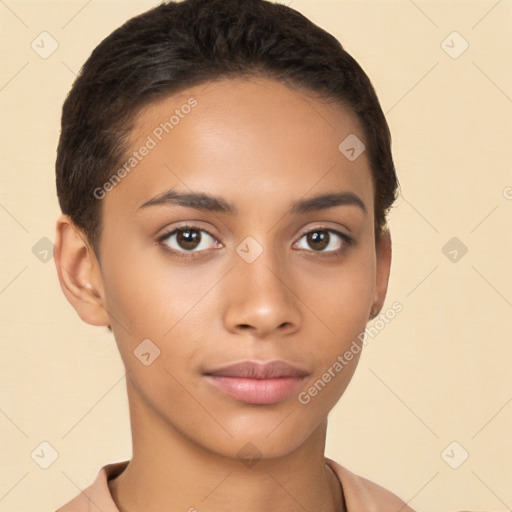 Neutral latino young-adult female with short  brown hair and brown eyes