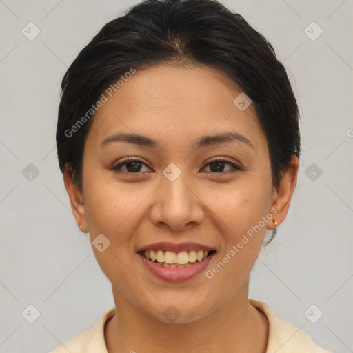 Joyful asian young-adult female with short  brown hair and brown eyes