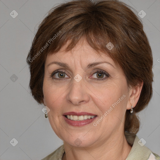 Joyful white adult female with medium  brown hair and grey eyes