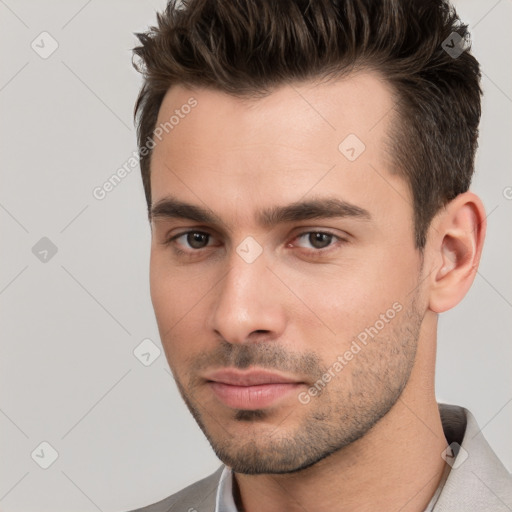 Neutral white young-adult male with short  brown hair and brown eyes