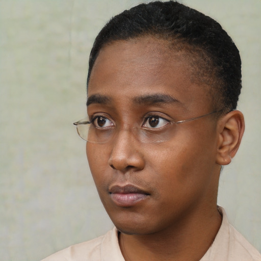 Neutral black young-adult female with short  black hair and brown eyes