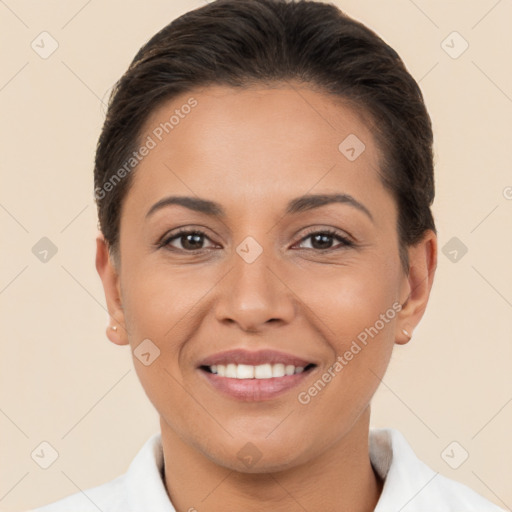 Joyful white young-adult female with short  brown hair and brown eyes