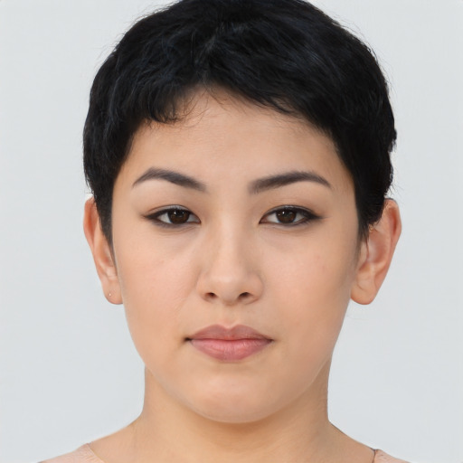 Neutral asian young-adult female with short  black hair and brown eyes