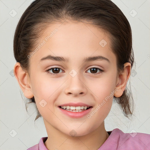 Joyful white child female with medium  brown hair and brown eyes