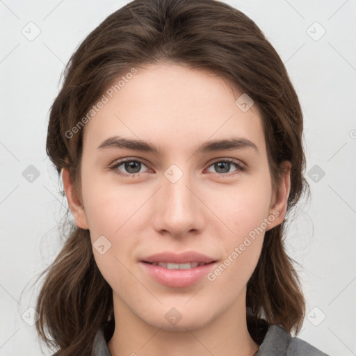 Neutral white young-adult female with medium  brown hair and brown eyes