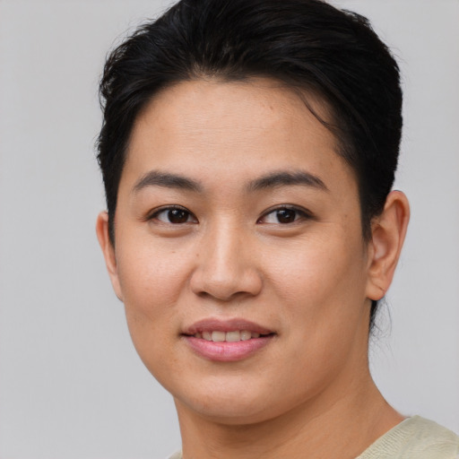 Joyful asian young-adult female with short  brown hair and brown eyes