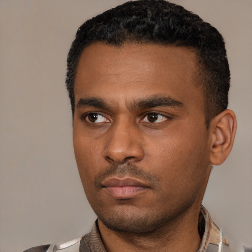 Neutral latino young-adult male with short  black hair and brown eyes