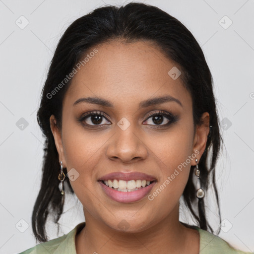 Joyful latino young-adult female with long  brown hair and brown eyes