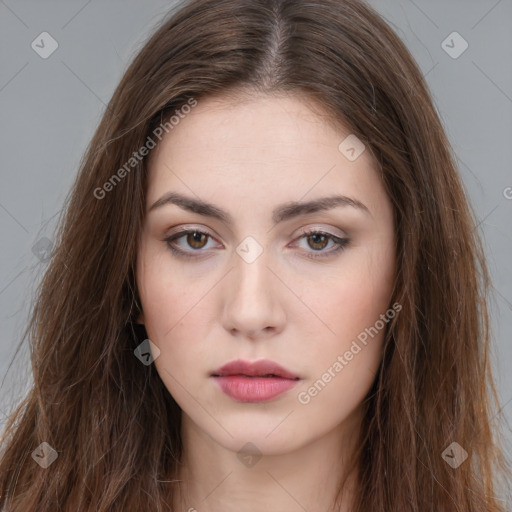 Neutral white young-adult female with long  brown hair and brown eyes