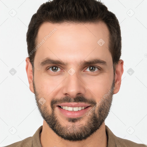 Joyful white young-adult male with short  brown hair and brown eyes