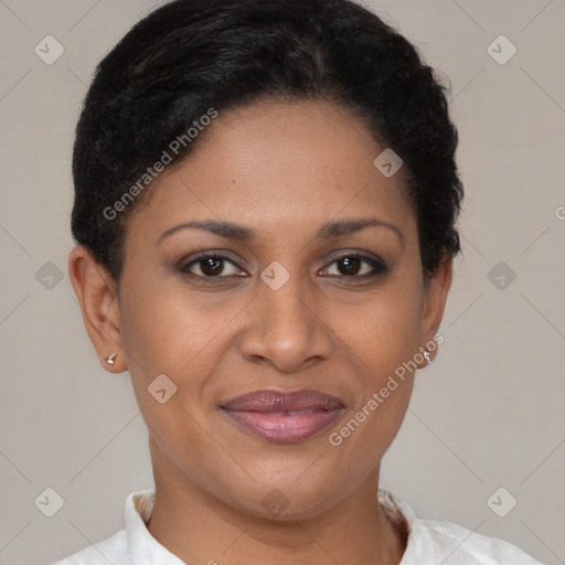 Joyful latino young-adult female with short  brown hair and brown eyes