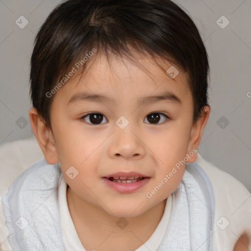 Joyful white child female with short  brown hair and brown eyes