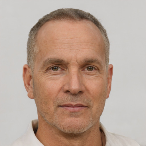 Neutral white middle-aged male with short  brown hair and brown eyes