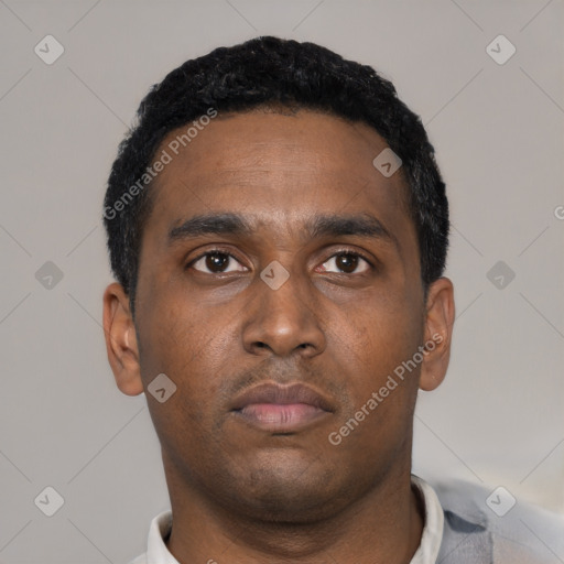 Neutral black young-adult male with short  black hair and brown eyes