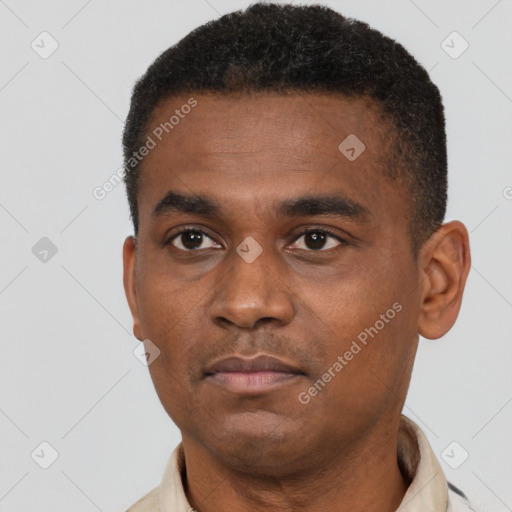 Neutral black young-adult male with short  black hair and brown eyes