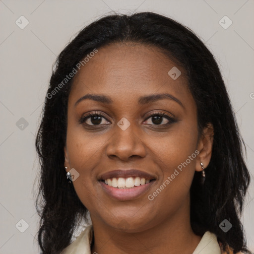 Joyful latino young-adult female with long  black hair and brown eyes