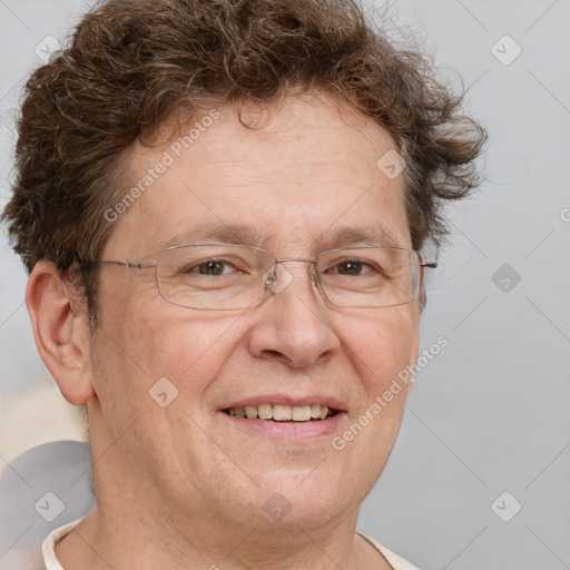 Joyful white middle-aged male with short  brown hair and brown eyes