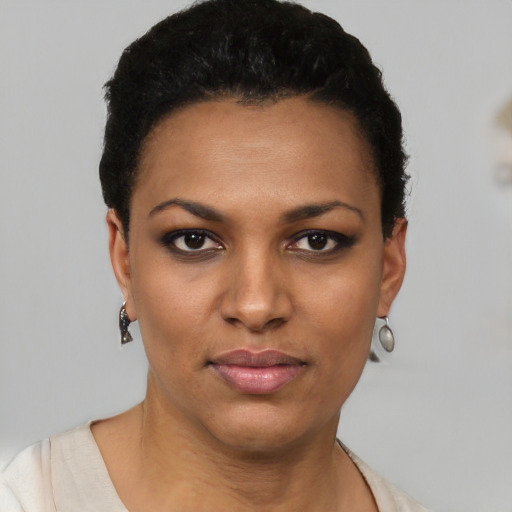 Joyful black young-adult female with short  black hair and brown eyes