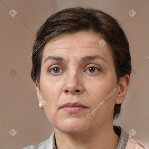 Neutral white adult female with short  brown hair and brown eyes